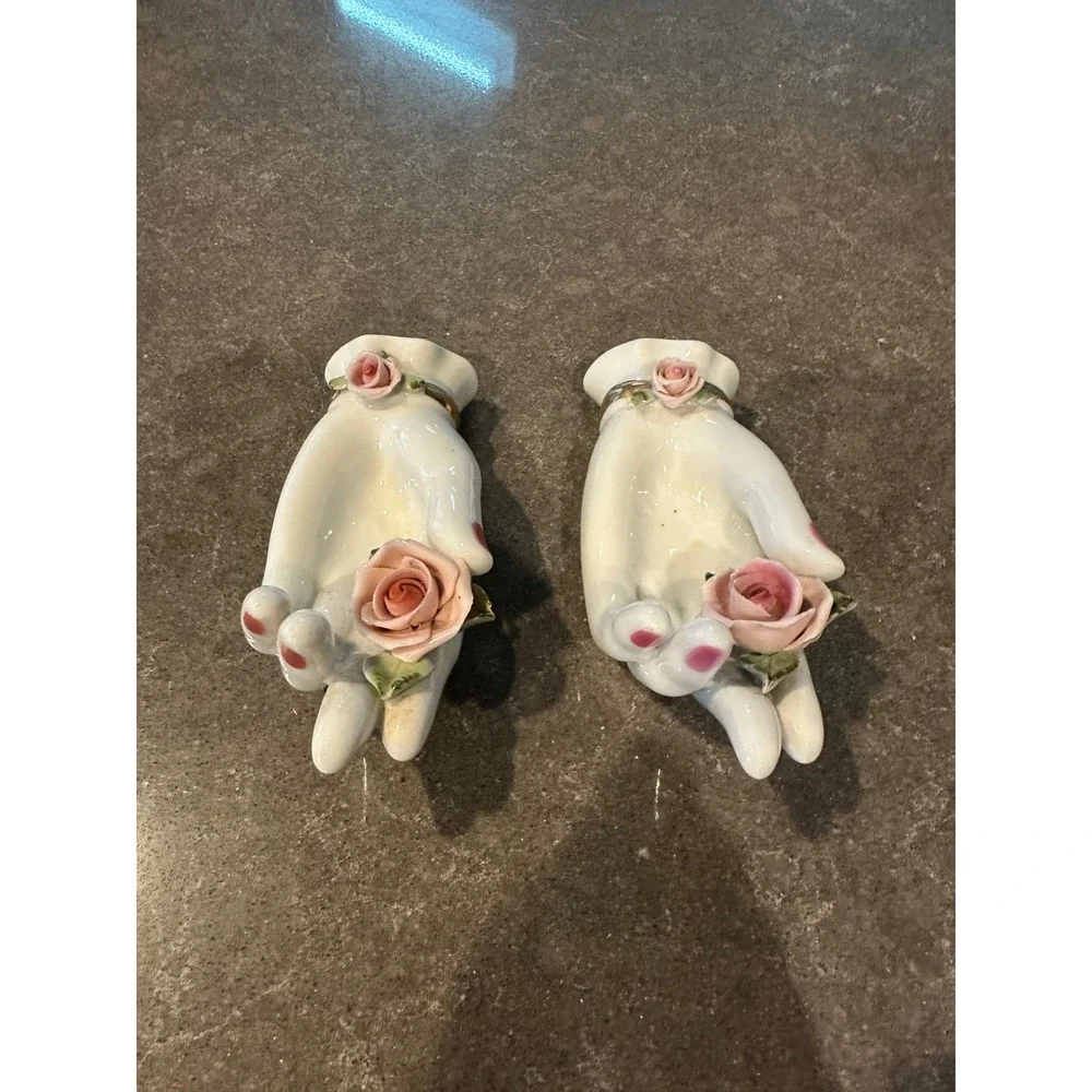 Lefton China Vintage Porcelain Hand Trinket Dish Set Pink Roses Gold Japan 2pc